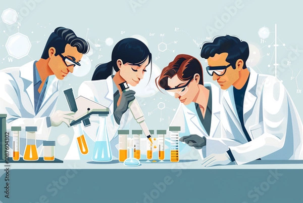 Fototapeta A group of scientists are working together in a lab. They are all wearing white lab coats and are focused on their work.