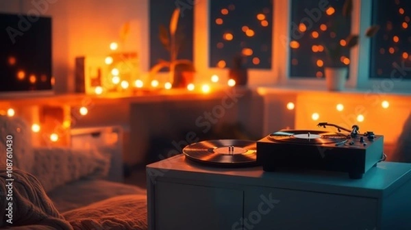 Fototapeta A cozy lo-fi living room at night with warm lighting, a vintage record player spinning vinyl, and soft glowing fairy lights, perfect for a chill hip hop stream overlay.