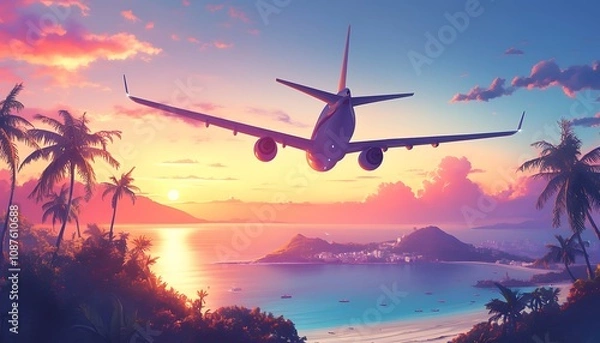 Fototapeta Conceptual image an airplane flying towards an exotic destination, evoking wanderlust and adventure.