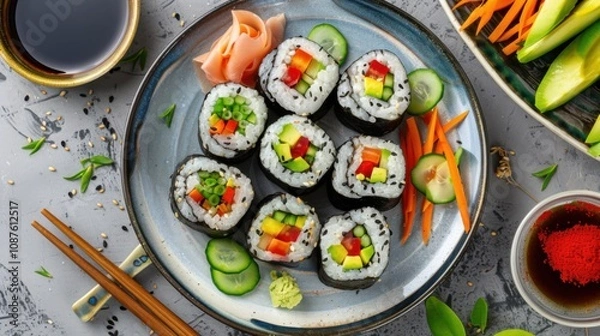 Fototapeta A colorful plate of vegetable sushi rolls with avocado, cucumber