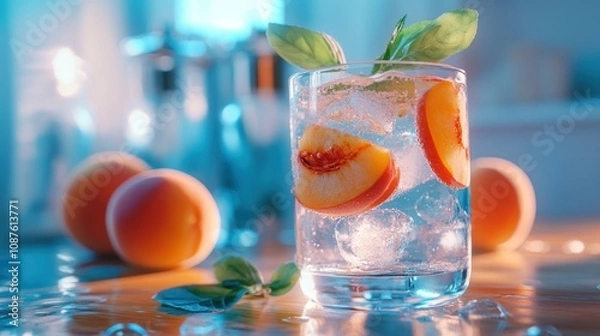 Fototapeta A refreshing drink with peach slices and basil, served over ice.
