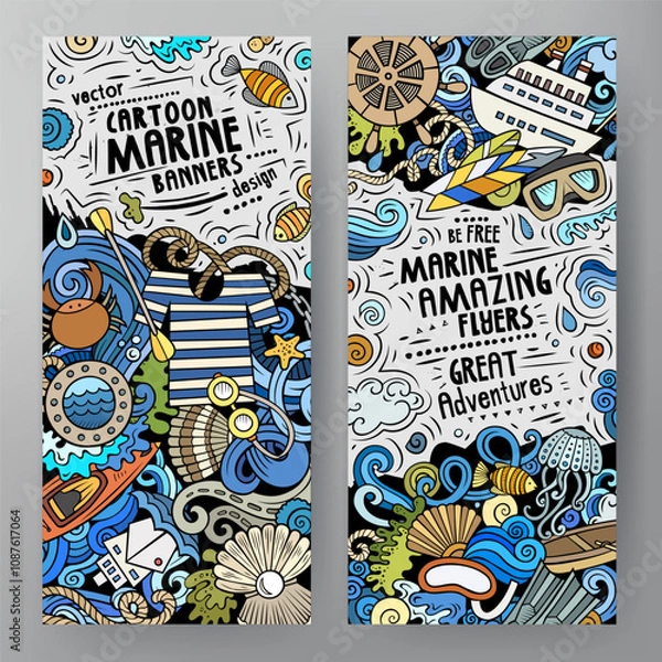 Fototapeta Cartoon cute doodles Marine banners set