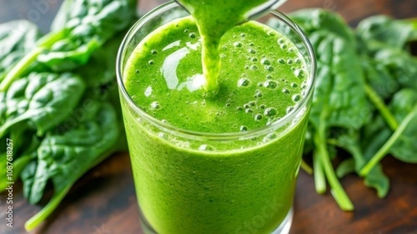 Fototapeta Freshly Blended Green Smoothie with Spinach and Healthy Ingredients in a Glass with Vibrant Color on a Wooden Table Surrounded by Fresh Spinach Leaves