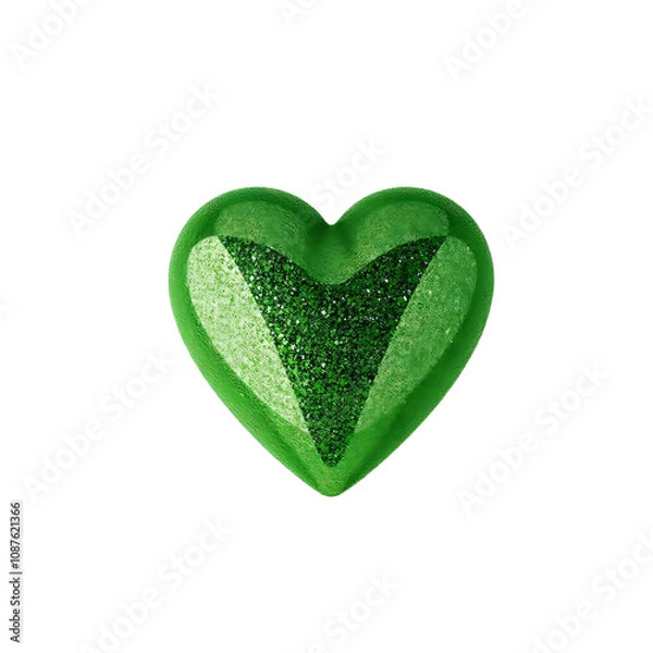 Fototapeta green heart isolated on transparent background, glitter heart on a  glitter background with bokeh lights.
