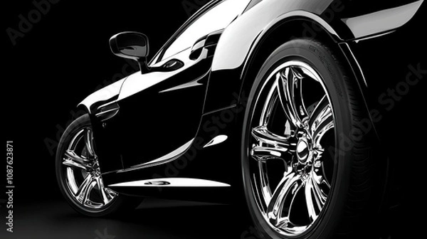 Obraz Sleek black sports car with shiny chrome wheels on a dark background