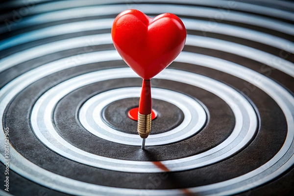 Obraz A red heart-shaped dart is centered on a circular target, symbolizing love and precision in a vibrant, focused composition.