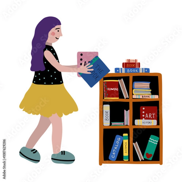Obraz Girl holding books bookshelf vector artwork