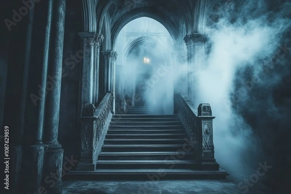 Fototapeta Mysterious Dark Hallway with Grand Staircase and Fog - Eerie, gothic, shadowy, mysterious, and grand staircase in a foggy hallway.  Symbolizing mystery, antiquity, suspense, darkness, and grandeur.