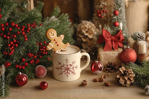 Fototapeta A festive Christmas-themed scene featuring a mug filled with milk and a cheerful gingerbread man leaning on the edge, surrounded by holiday decorations.