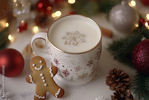 Fototapeta A festive Christmas-themed scene featuring a mug filled with milk and a cheerful gingerbread man leaning on the edge, surrounded by holiday decorations.