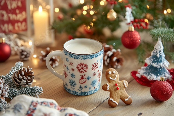 Fototapeta A festive Christmas-themed scene featuring a mug filled with milk and a cheerful gingerbread man leaning on the edge, surrounded by holiday decorations.