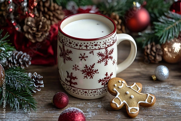 Fototapeta A festive Christmas-themed scene featuring a mug filled with milk and a cheerful gingerbread man leaning on the edge, surrounded by holiday decorations.