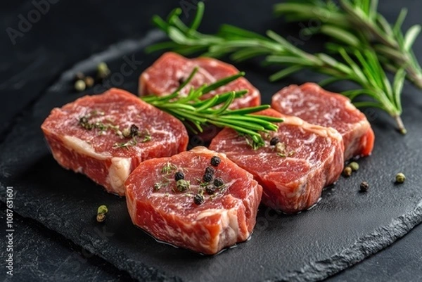 Fototapeta Juicy cuts of meat garnished with rosemary and black pepper sit on a dark slate surface