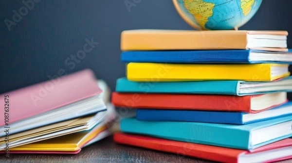 Fototapeta Stacked books with a globe on top in a cozy study area