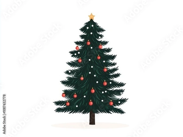 Fototapeta Decorative Christmas tree with ornaments and star on a white isolated background.