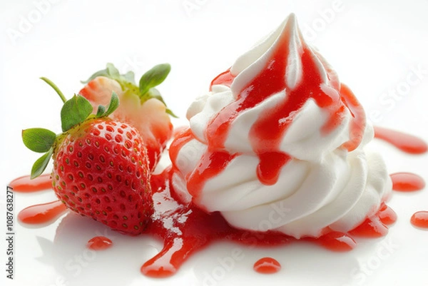 Fototapeta Delicious whipped cream topped with strawberry sauce and fresh strawberries, creating tempting dessert. Perfect for sweet cravings and summer treats