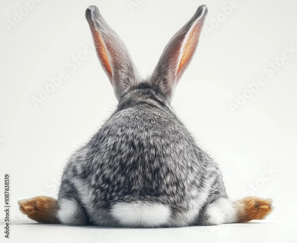 Fototapeta cute rabbit with gray fur and long ears sitting calmly, showcasing its fluffy back and tail. This adorable animal exudes sense of tranquility and charm