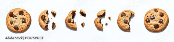 Fototapeta Delicious chocolate chip cookies in various stages of being eaten, showcasing their gooey chocolate and soft texture. Perfect for dessert lovers!