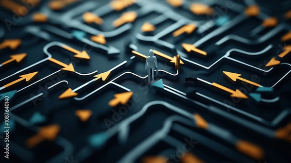 Obraz Abstract image depicting a maze-like path with a miniature figure navigating among numerous yellow and teal arrows, representing decision-making and direction choices.
