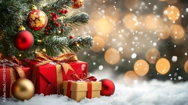Fototapeta Beautiful Christmas Tree Decorated with Shiny Ornaments and Festive Gifts Amidst Soft Snow and a Glowing Bokeh Background Creating a Magical Holiday Atmosphere