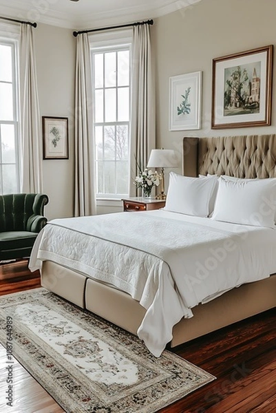Obraz Elegant Vintage Styled Bedroom with Plush Bedding and Classic Decor : Generative AI