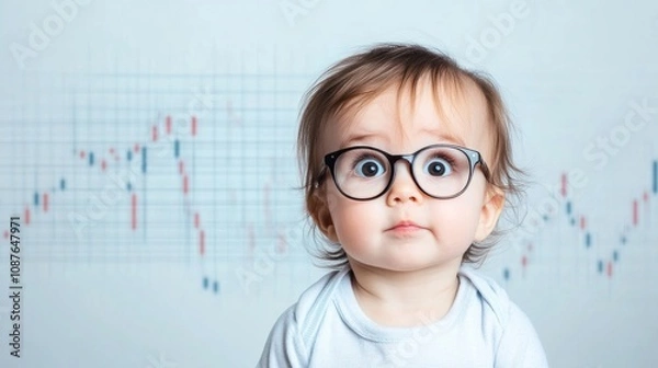 Fototapeta Curious baby wearing glasses with wide eyes, sitting in front of a financial graph backdrop, suggesting early beginner interest in trading or intellectual themes.