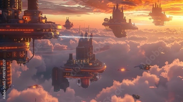 Fototapeta A futuristic floating city above the clouds, with glowing structures and flying vehicles.
