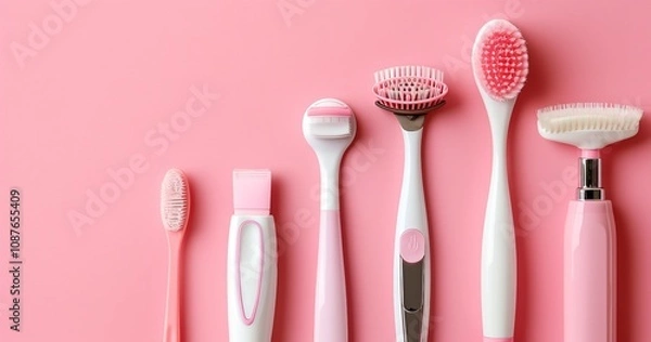 Fototapeta Flat-lay set of epilation equipment and supplies on a pink background. Text room, Generative Ai.
