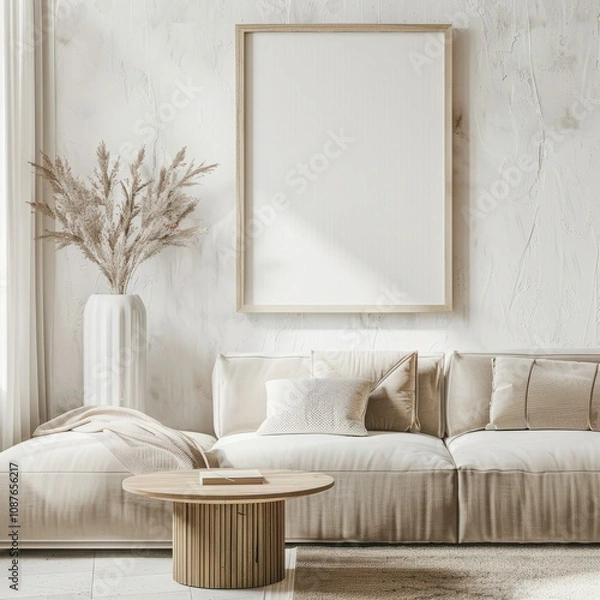 Fototapeta A minimalist living room interior with a beige sofa, wooden coffee table, and a large blank poster frame