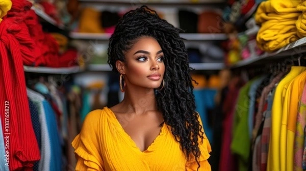 Fototapeta woman, sporting long, beautiful locs, stands confidently in her bright yellow outfit, surrounded by an array of colorful clothing that highlights her unique style