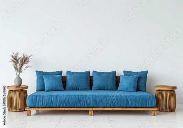 Fototapeta A minimalist living room with a blue velvet sofa, wooden side tables, and a vase with dried flowers