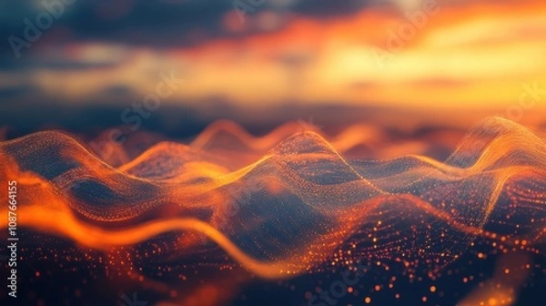 Fototapeta Abstract Orange Sunset Waves Digital Art, Particle Background