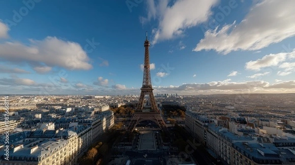Fototapeta The Eiffel Tower stands majestically against a backdrop of a blue sky with scattered clouds, surrounded by a sprawling Parisian cityscape.