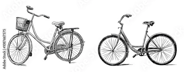 Fototapeta Sketches of two bicycles, realistic hand drawing, vector, isolated on white