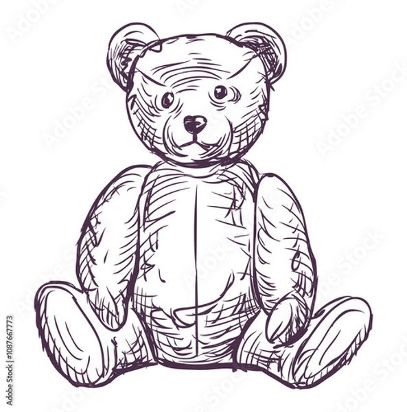 Fototapeta Teddy bear retro plush toy sketch doodle vector outline hand drawn illustration isolated on white