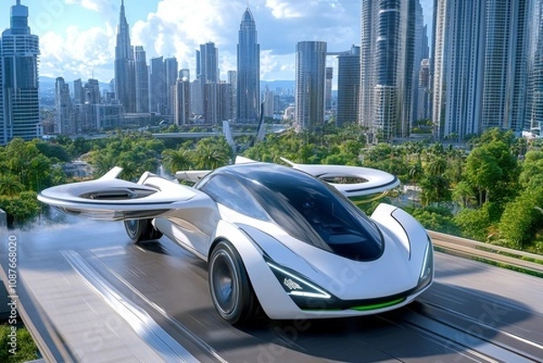 Obraz A 3D-rendered aerial view of a futuristic city with geometric buildings and flying cars