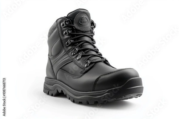 Fototapeta Sturdy black work boots designed for durability and comfort. These boots are perfect for heavy-duty use in various outdoor conditions. Safety and performance combined. Generative AI