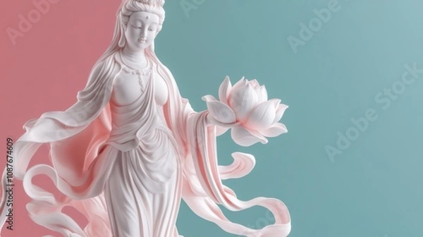 Fototapeta Realistic Guanyin, lotus flower in hand, robes flowing in soft light, serene expression