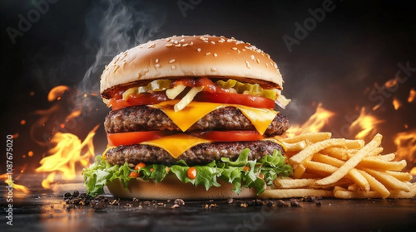 Fototapeta Delicious double cheeseburger with tomatoes and fresh toppings on a flame background. 