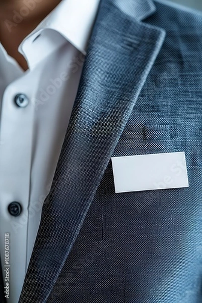 Fototapeta Close-up of a business suit lapel with a new employee name tag attached, formal onboarding process, onboarding, professional attire