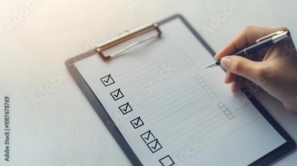 Fototapeta Close-up of a clipboard with onboarding checklist being marked off, organized and systematic, onboarding, process management