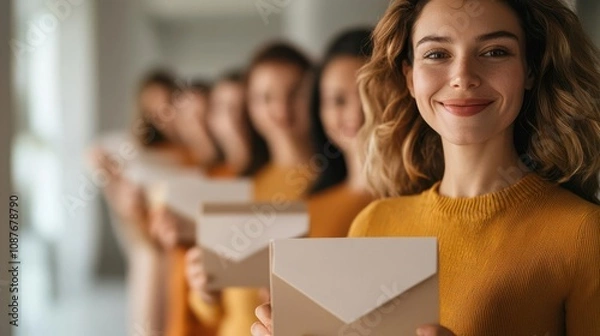 Fototapeta Close-up of a diverse team of new hires receiving welcome packages, collective onboarding, onboarding, team integration