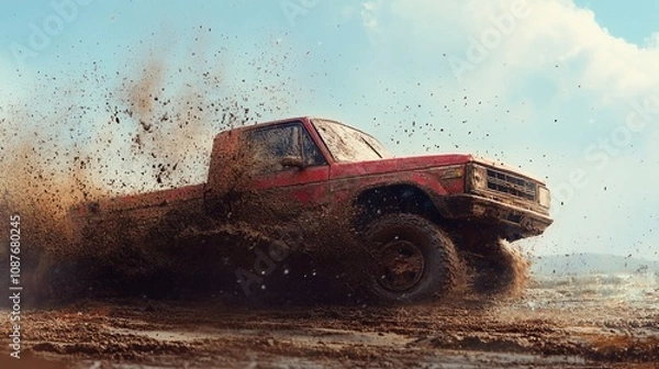 Fototapeta Here's a possible  and keyword list for your stock photo... Red pickup truck splashing through mud during off-road race.