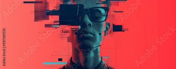 Obraz Minimalist print style collage poster, Abstract grunge backdrop, Retro futuristic graphic design style.