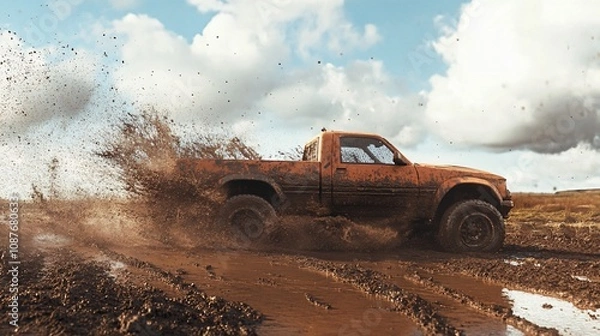 Fototapeta A muddy pickup truck splashes through a wet terrain under a cloudy sky.