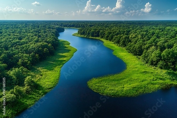 Fototapeta Stunning river between forests in summer at sunrise, Poland

