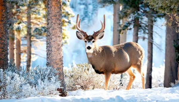 Fototapeta Wildtier mit Geweih im Winter 
