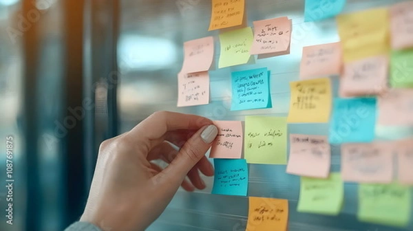 Obraz Organizing colorful sticky notes on a glass board, showcasing creativity and productivity in modern workspace.