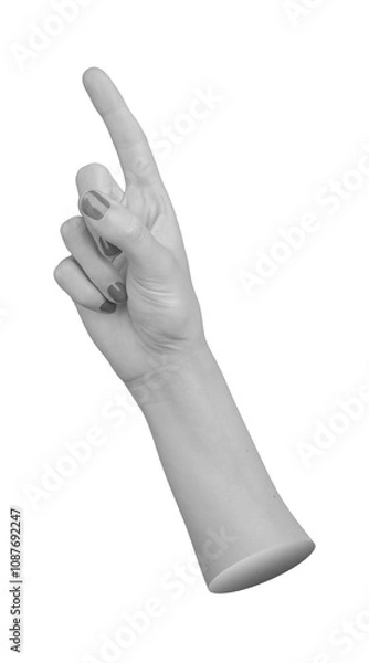 Fototapeta Female hand with index finger pointing upward, isolated on a white background. Gesture indicating direction, attention, or recommendation. Professional and confident sign for