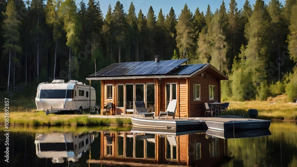 Obraz remote Swedish scene of lone cabin with solar panel, luxury leisure boat on lake, caravan and rv in forest